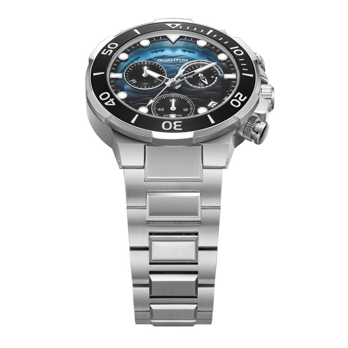 Chronograph watch with blue dial and silver stainless steel bracelet