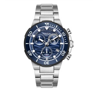 Chronograph watch with blue bezel, blue dial and silver stainless steel bracelet
