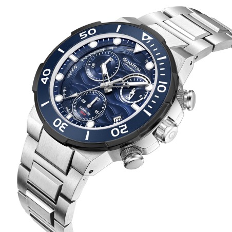 Chronograph watch with blue bezel, blue dial and silver stainless steel bracelet