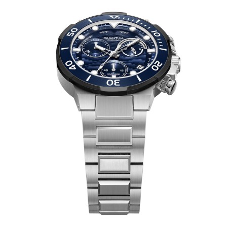 Chronograph watch with blue bezel, blue dial and silver stainless steel bracelet