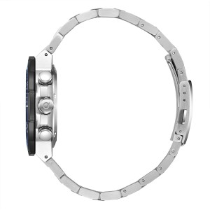 Chronograph watch with blue bezel, blue dial and silver stainless steel bracelet