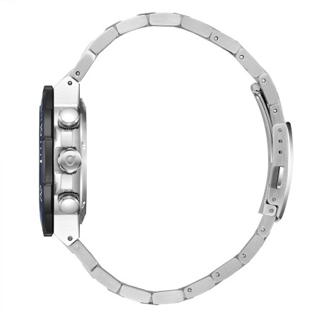 Chronograph watch with blue bezel, blue dial and silver stainless steel bracelet