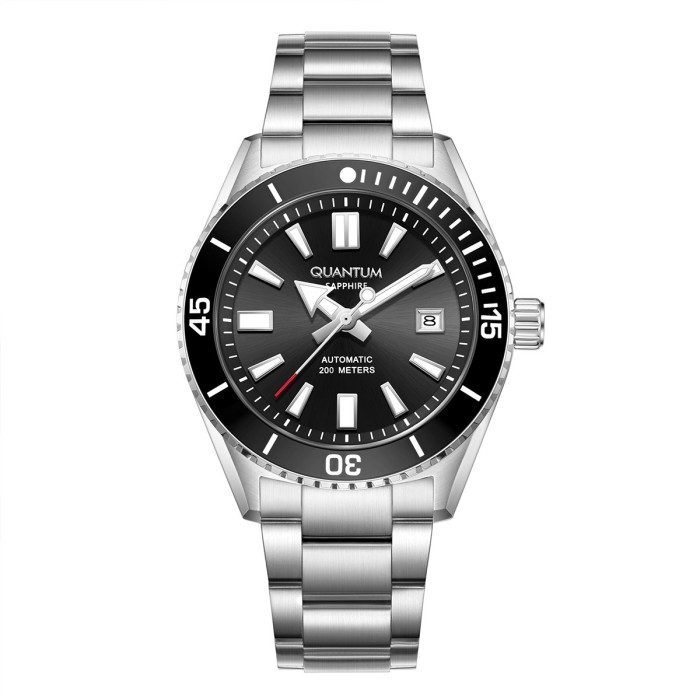 Quantum automatic diver watch with black dial and stainless steel bracelet