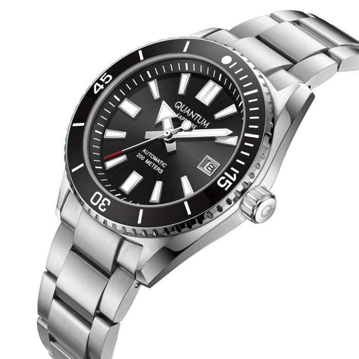 Quantum automatic diver watch with black dial and stainless steel bracelet