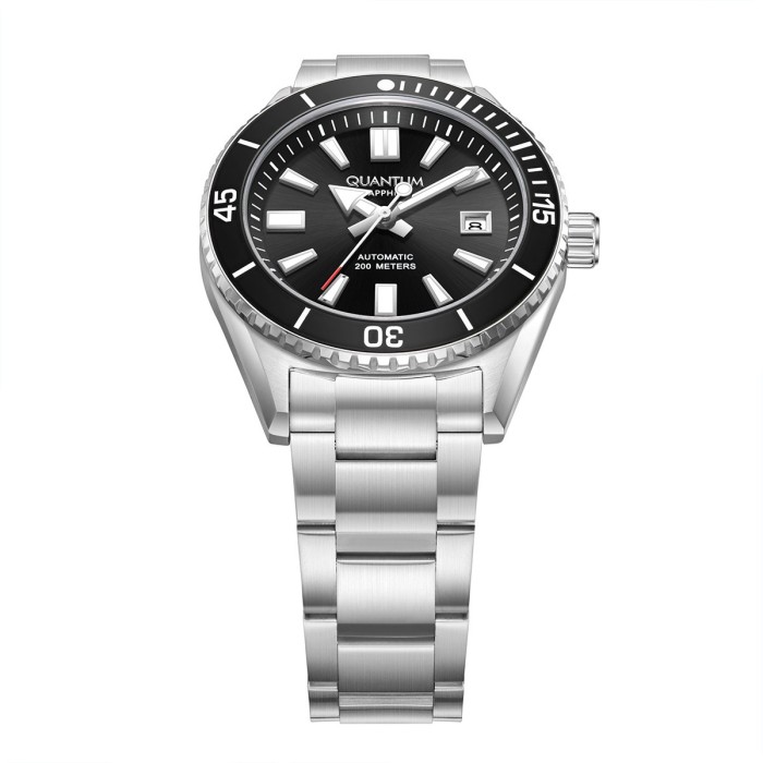 Quantum automatic diver watch with black dial and stainless steel bracelet