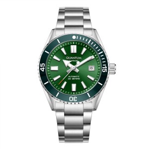 Quantum automatic diver watch with green dial and stainless steel bracelet