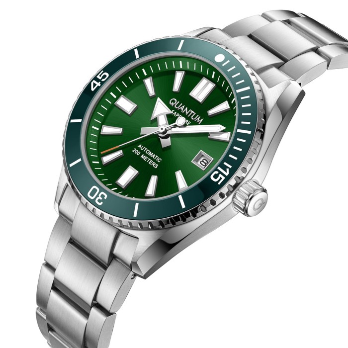 Quantum automatic diver watch with green dial and stainless steel bracelet