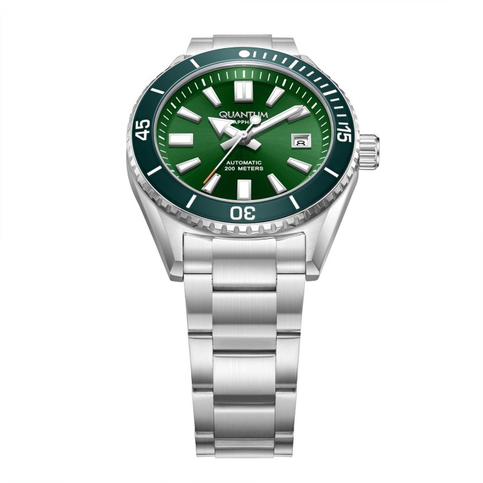 Quantum automatic diver watch with green dial and stainless steel bracelet
