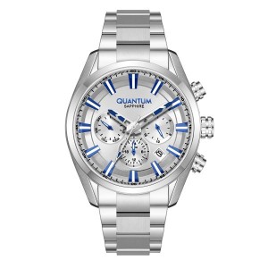 Quantum chronograph watch with silver dial and stainless steel bracelet
