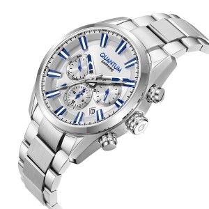 Quantum chronograph watch with silver dial and stainless steel bracelet