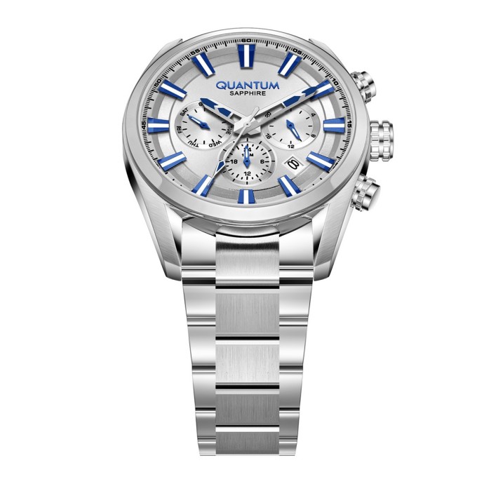 Quantum chronograph watch with silver dial and stainless steel bracelet