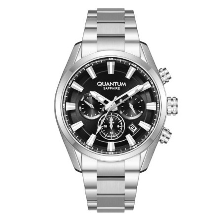Quantum chronograph watch with black dial and stainless steel bracelet