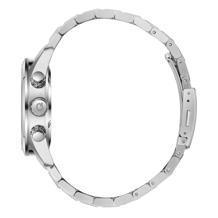 Quantum chronograph watch with black dial and stainless steel bracelet