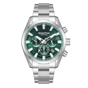 Quantum chronograph watch with green dial and stainless steel bracelet