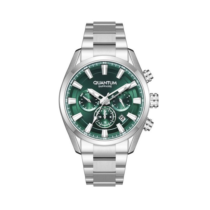Quantum chronograph watch with green dial and stainless steel bracelet
