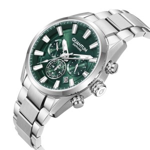Quantum chronograph watch with green dial and stainless steel bracelet