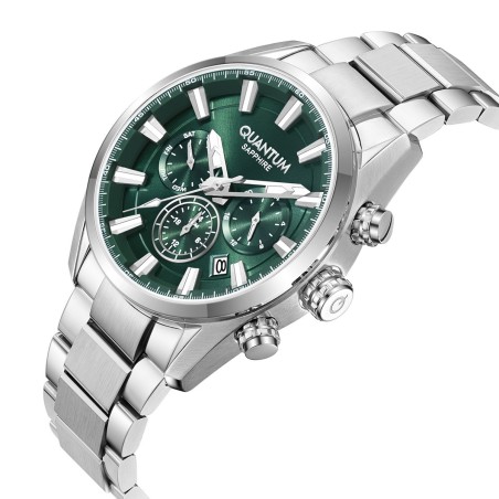 Quantum chronograph watch with green dial and stainless steel bracelet