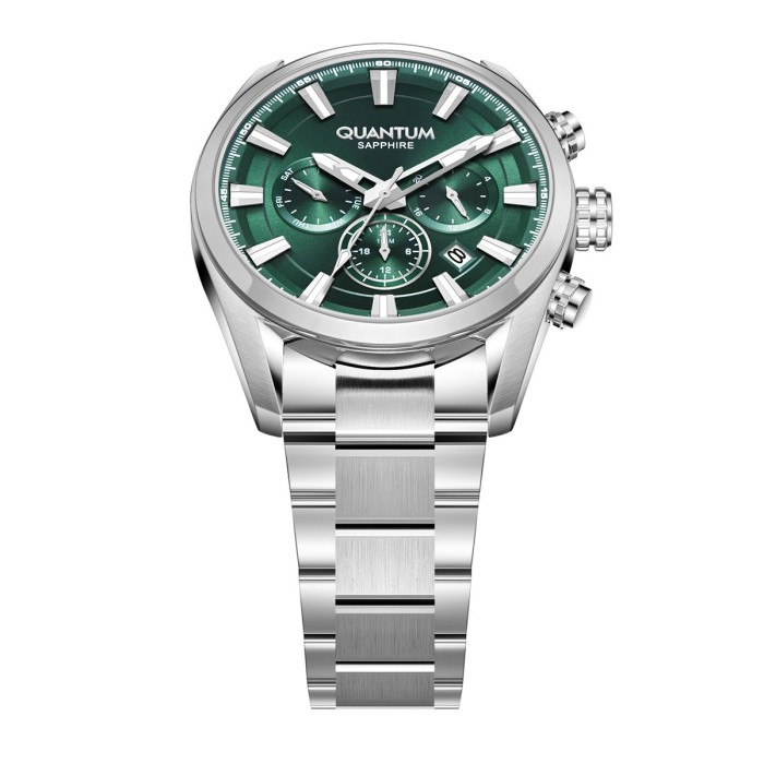 Quantum chronograph watch with green dial and stainless steel bracelet
