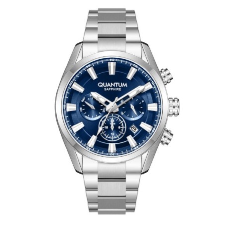 Quantum chronograph watch with blue dial and stainless steel bracelet