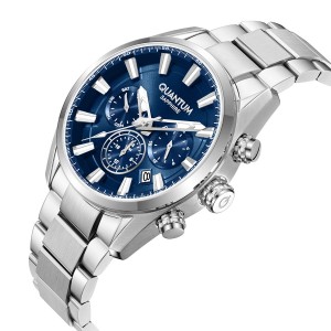 Quantum chronograph watch with blue dial and stainless steel bracelet