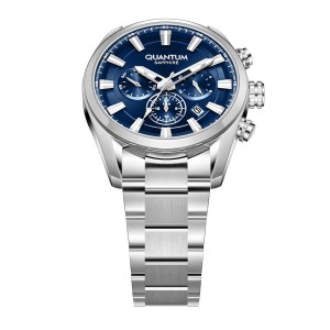 Quantum chronograph watch with blue dial and stainless steel bracelet