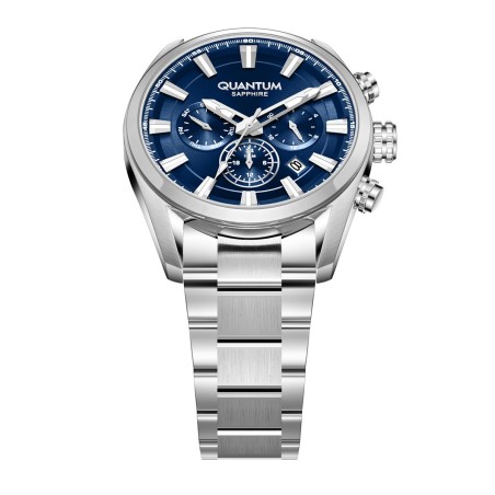 Quantum chronograph watch with blue dial and stainless steel bracelet