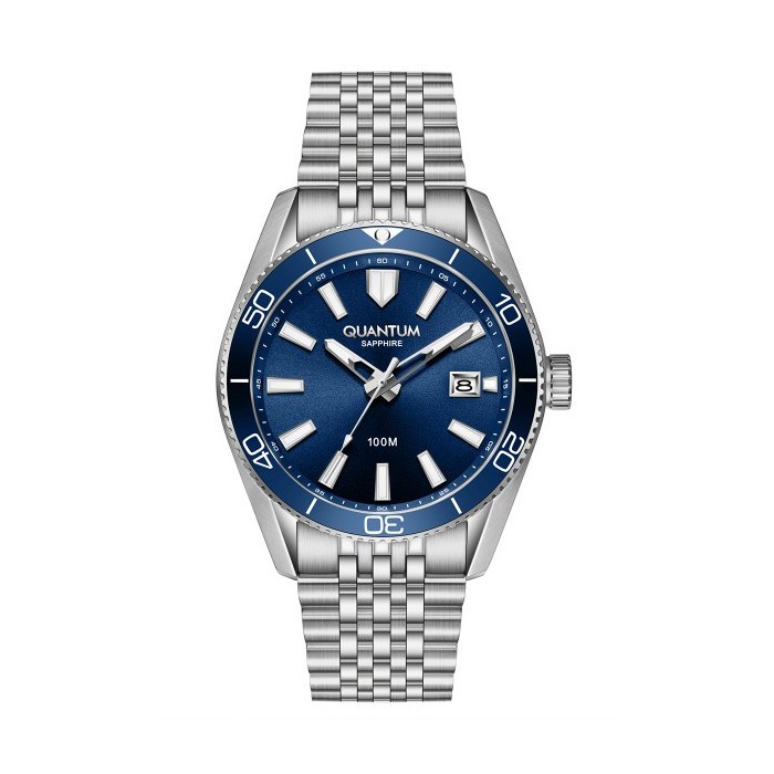 Quantum watch with blue dial and stainless steel bracelet