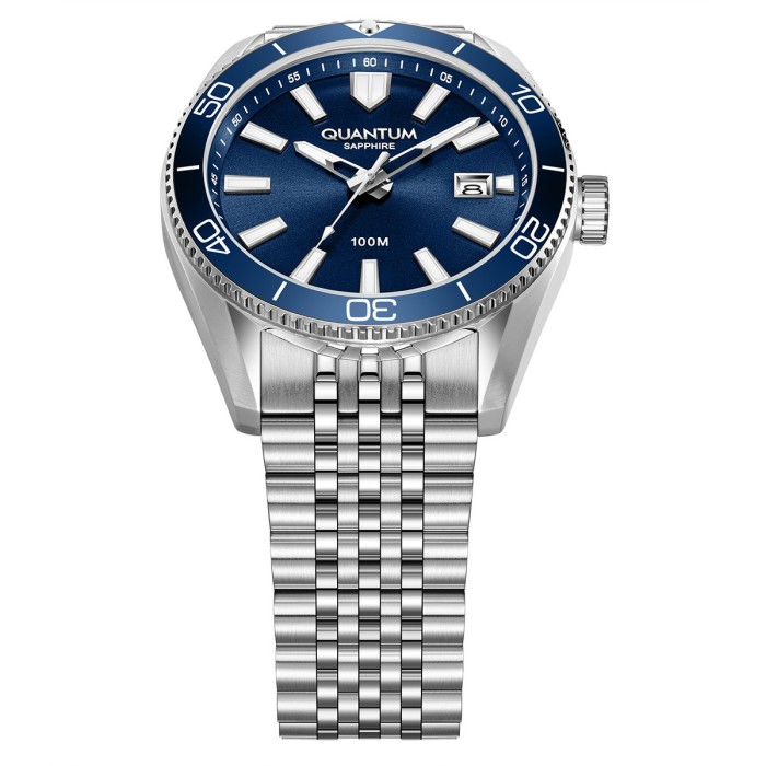 Quantum watch with blue dial and stainless steel bracelet