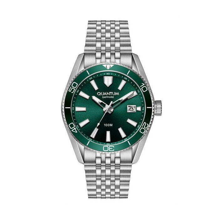 Quantum watch with green dial and stainless steel bracelet