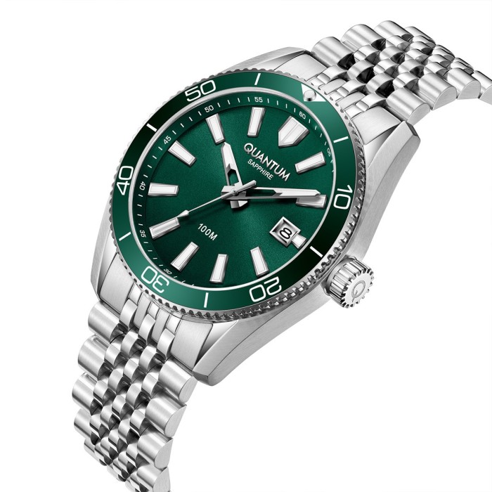 Quantum watch with green dial and stainless steel bracelet