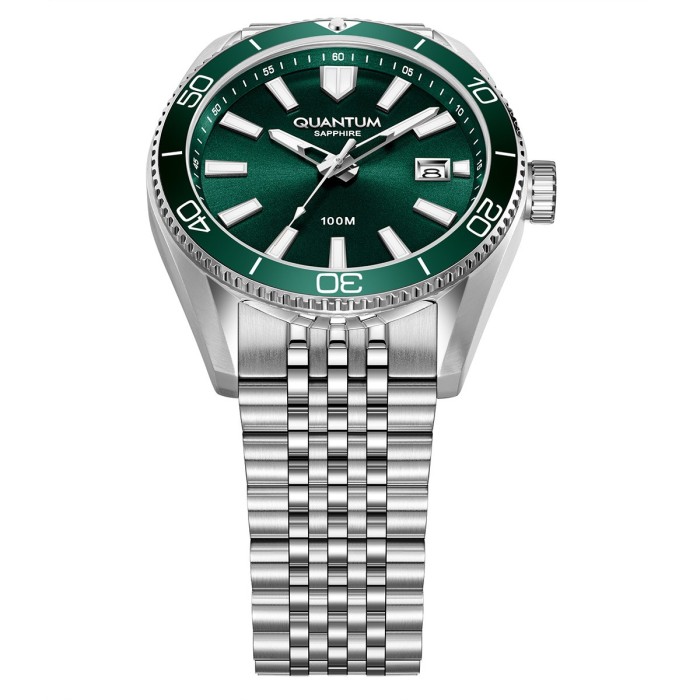 Quantum watch with green dial and stainless steel bracelet