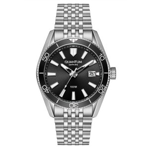 Quantum watch with black dial and stainless steel bracelet