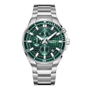 Quantum chronograph watch with green dial and silver bracelet