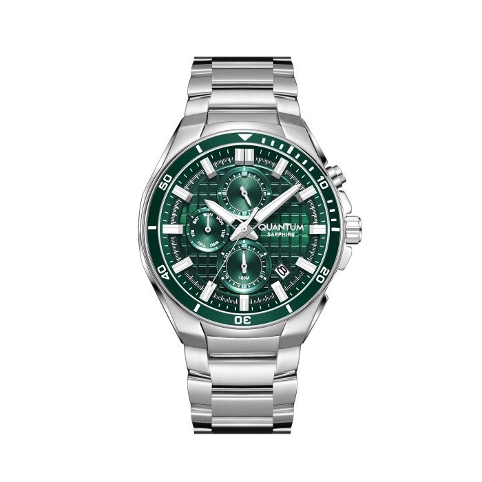 Quantum chronograph watch with green dial and silver bracelet