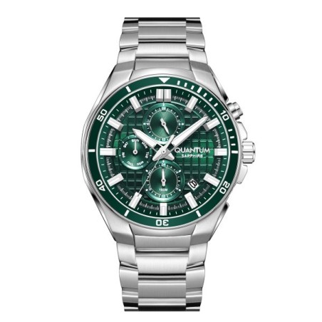 Quantum chronograph watch with green dial and silver bracelet
