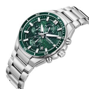 Quantum chronograph watch with green dial and silver bracelet