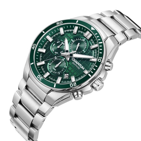 Quantum chronograph watch with green dial and silver bracelet