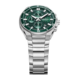 Quantum chronograph watch with green dial and silver bracelet