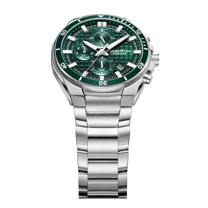 Quantum chronograph watch with green dial and silver bracelet