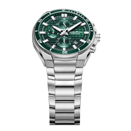 Quantum chronograph watch with green dial and silver bracelet