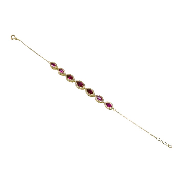 14K gold chain bracelet with zircon and red synthetic stone