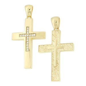 Χρυσός γυναικείος σταυρός διπλής όψης 14Κ με ζιργκόν