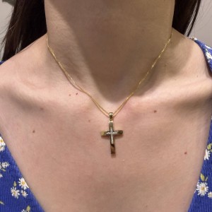 Χρυσός γυναικείος σταυρός διπλής όψης 14Κ με ζιργκόν