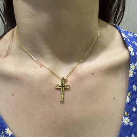 Χρυσός γυναικείος σταυρός διπλής όψης 14Κ με ζιργκόν