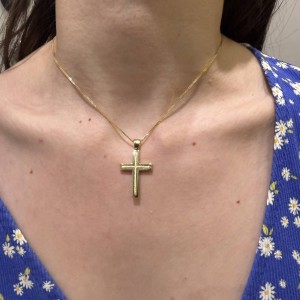 Χρυσός γυναικείος σταυρός διπλής όψης 14Κ με ζιργκόν