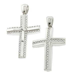 14K white gold double-sided cross with zircon