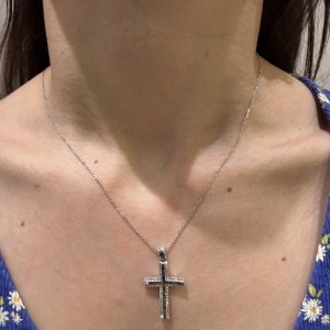 Λευκόχρυσος γυναικείος σταυρός διπλής όψης 14Κ με ζιργκόν