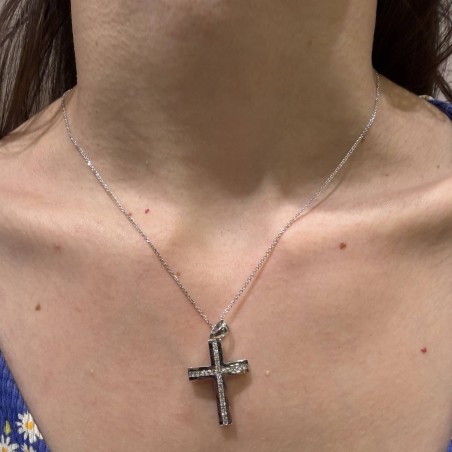 Λευκόχρυσος γυναικείος σταυρός διπλής όψης 14Κ με ζιργκόν