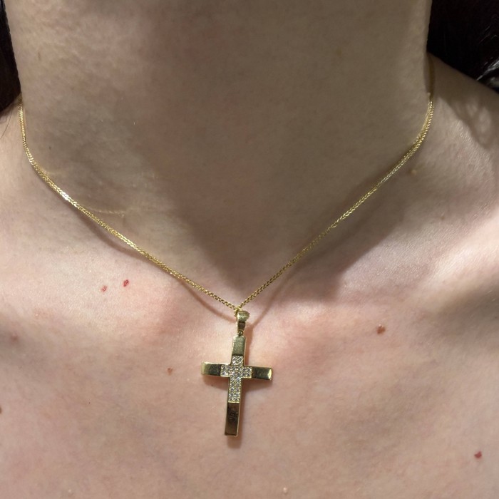 Χρυσός γυναικείος σταυρός 14Κ διπλής όψης με ζιργκόν