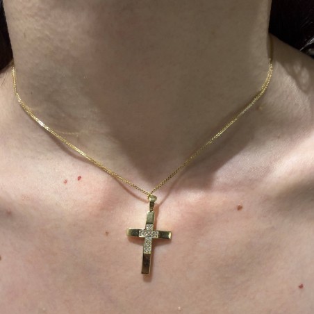 Χρυσός γυναικείος σταυρός 14Κ διπλής όψης με ζιργκόν